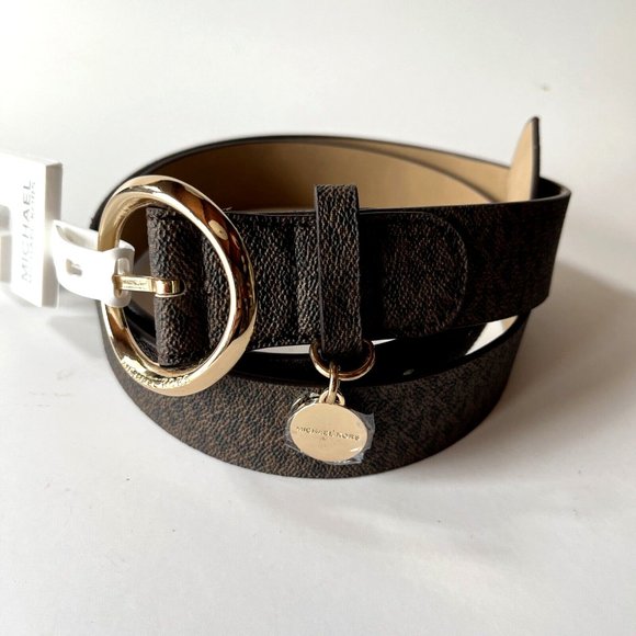 NWT Original MICHAEL KORS Signature Belt with Charm Logo Brand Buckle Brown Gold - Picture 1 of 6